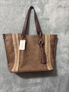 Women's Taupe Tote with Dark Brown Trim and Tassel